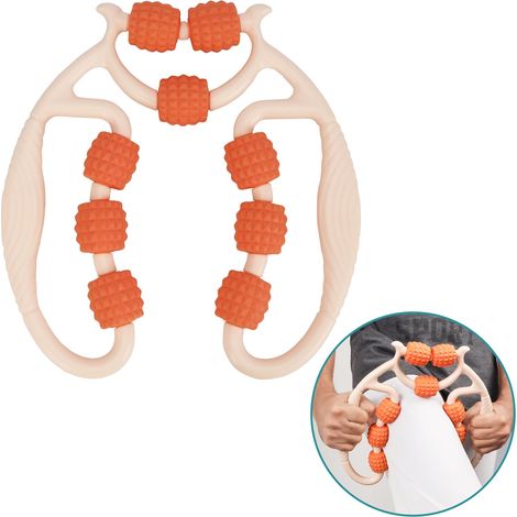 Rullo massaggiante beige per i muscoli delle gambe - Massaggiatore per tessuti profondi a 9 ruote - Strumento per punto trigger per alleviare il dolore a braccia, polpacci, cosce o mani (1/5)