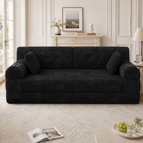 Canapé Convertible 2 Places, Canapé-Lit en Velours Côtelé avec Dossier Haut, Structure Métallique, Mousse Haute Densité, 2 Porte-Gobelets et 4 Poches de Rangement, pour Salon et Petit Espace, Noir (1/5)