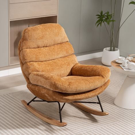 Fauteuil à bascule rembourré avec pieds en acier et patins en bois, jaune (1/5)