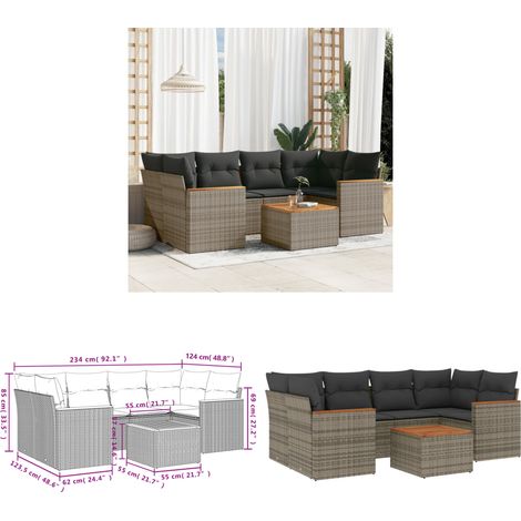 7-tlg. Garten-Sofagarnitur mit Kissen Grau Poly Rattan - Gartenmöbel Set - Esszimmergarnitur - Outdoor Möbel - Lounge Sofa - Rattan Gartenmöbel - Home & Living (1/3)