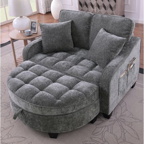 Divano letto 2 in 1 con pouf contenitore, tessuto traspirante, legno di eucalipto, grigio scuro (1/5)
