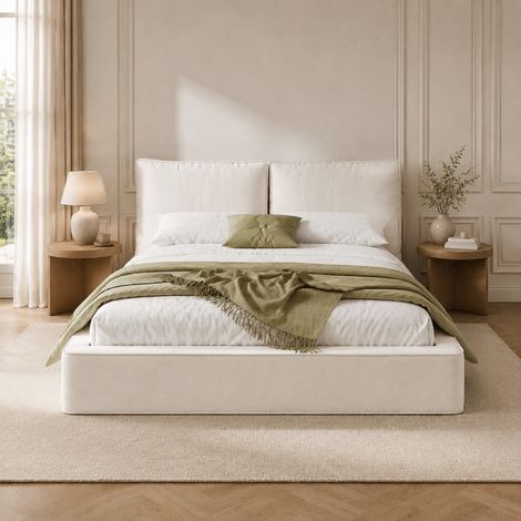 Lit capitonné, lit double, 160 x 200 cm, sommier à lattes, tête de lit capitonnée, chenille beige (1/4)