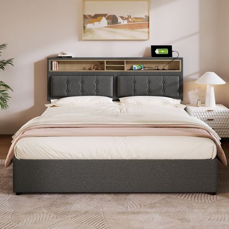 Polsterbett Doppelbett 160 x 200 cm mit Kopfteil und USB Typ-C Ladefunktion, Stauraumbett aus Leinenmaterial, inklusive Lattenrost und Matratze