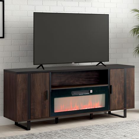 Parrot Uncle TV Stand with Electric Fireplace, Vintage Fireplace TV Stand with 36 Inch LED Flame Effect Heater, Media Entertainment Centre with Storage Cabinets, Fits TVs up to 80 Inch, Brown