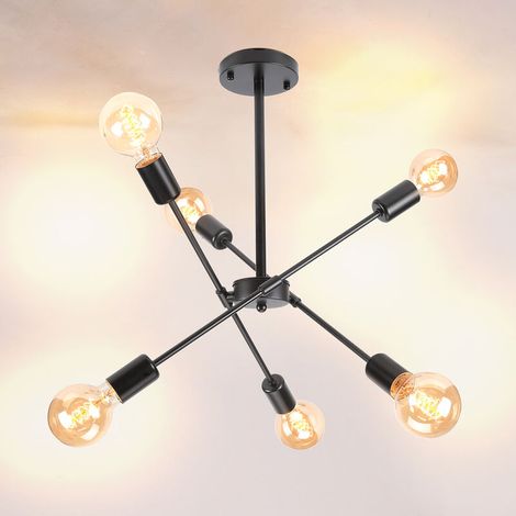 Plafonnier Lustre LED 6x E27 Douille Lampe Vintage Rétro Luminaire Salle à Manger Chambre Noir (1/5)