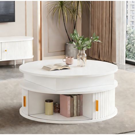 Mesa de centro elevable redonda 75x75x52 cm, con LED y almacenaje, MDF blanco (1/5)
