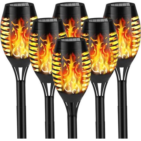 Lampada solare da esterno con effetto fiamma, torcia solare con fiamma tremolante, adatta per la decorazione del giardino - illuminazione per terrazze, vialetti, prato e patio (nera, 6 pezzi) (1/5)
