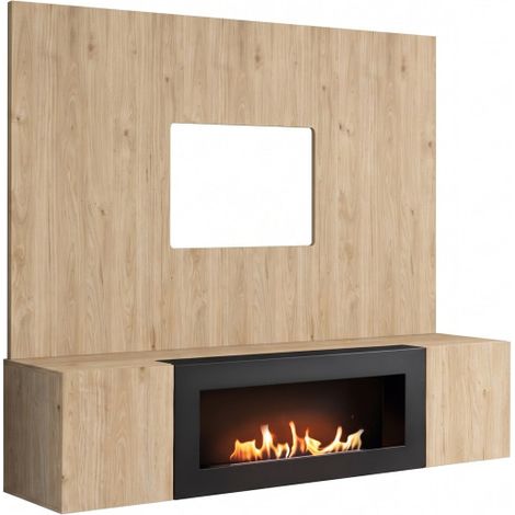 Ensemble meuble TV mural Fly B-K avec cheminée bioéthanol - Bois MDF chêne Hickory Jackson - 160 x 158 x 40 cm - Livraison gratuite (1/2)