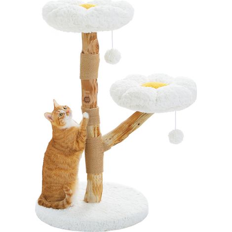 PAWZ Road Arbre à Chat Moderne 92 cm avec Poteaux en Poirier Naturel, 2 Perchoirs Fleuris Doux & Pompon Suspendu, Blanc (1/5)