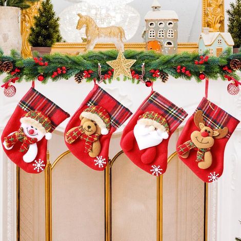 Set of 4 personalized Christmas stockings, small padded Christmas stockings, for Christmas tree decorations, red chimney (1/5)