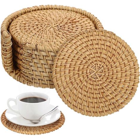 Lot de 1 sous-verre en rotin tressé avec support, style bohème, pour tasses et tables basses.-10.00X10.00X5.20CM-Light Brown (1/4)