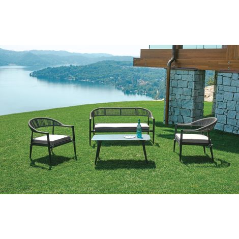 Salotto con divanetto, poltrone e tavolino in alluminio antracite e twist wicker grigio MALIGI HOME MG/TULIPANO Antracite (1/5)