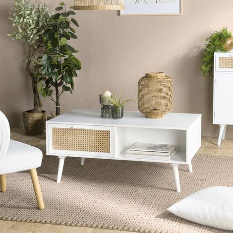 SANDRO - Table basse 2 tiroirs 1 niche cannage naturel et bois blanc (1/5)
