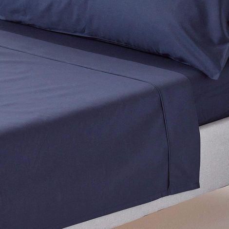 HOMESCAPES Drap plat uni 100% coton égyptien 200 fils coloris bleu marine 180 x 290 cm (1/5)