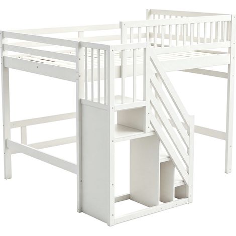 Cama alta 140 x 200 cm con escalera de almacenaje y barandilla alta, blanca, HOMVRA (1/5)