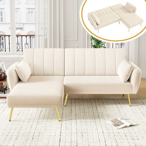 Sofá esquinero cama 191x130x80 - Sofá de 3 plazas - Chaise longue reversible - Respaldo regulable en 3 posiciones - En terciopelo beige (1/5)