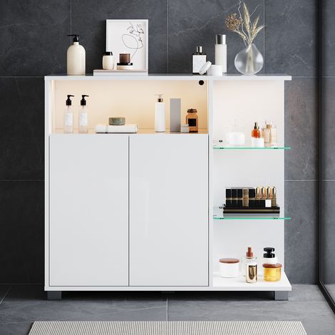 ELEGANT Bathroom Storage Units with LED Light 3 Shelves 2 Doors and Open Glass Storage Compartments Bathroom Cabinet, White 900×300×820mm