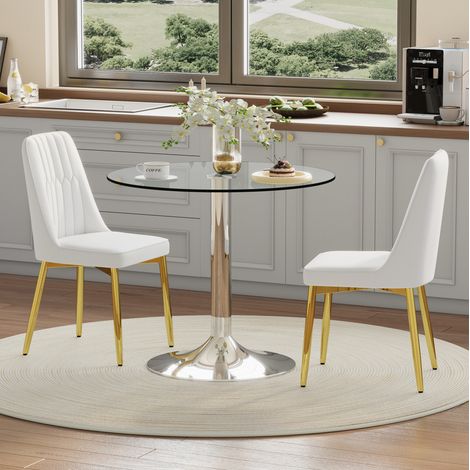 Set tavolo da pranzo 85x85x76 cm con 2 sedie, piano in vetro trasparente, gambe in metallo, bianco e oro (1/5)