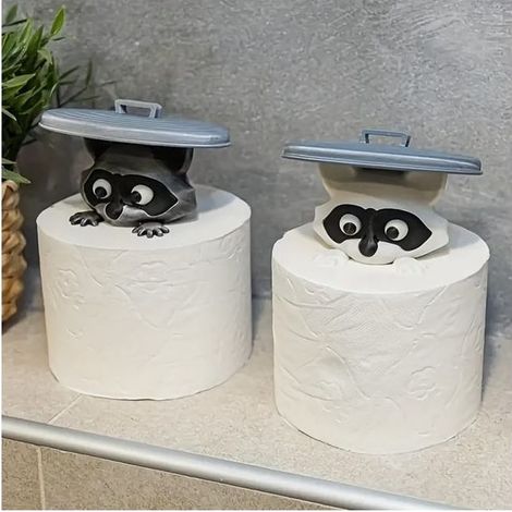 Set mit 2 3D-gedruckten, waschbärförmigen Toilettenpapierhaltern, niedliche dekorative Taschentuchhalter für das Badezimmer mit Deckel (1/5)