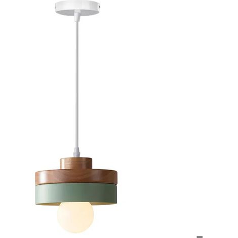Lustre Moderne en Bois Vert,Vintage Suspension Luminaire Industriel Abat-jour en Colonne E27 Lampe de Plafond Style Nordique (1/5)