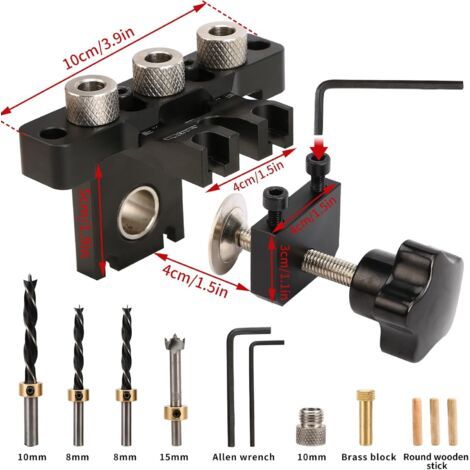 Gabarit de perçage, gabarit de perçage angulaire 8/10/15 mm, kit de positionnement de guide de perçage de chevilles 3 en 1, outils de bricolage pour le travail du bois (gabarit de perçage noir) (1/3)