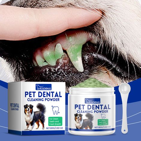 Poudre nettoyante dentaire pour chien : élimine en douceur la plaque dentaire et les taches, et rafraîchit l’haleine – 80 g + cuillère (1/5)