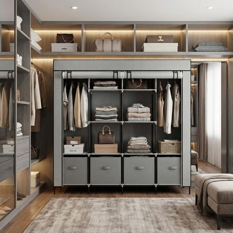 FurnitureR Fabric Wardrobe Closet with Rails Shelves and Drawers (1/5)