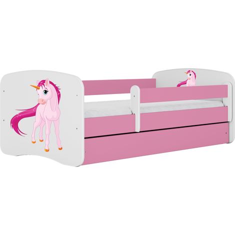 Lit enfant 70 x 140 cm avec tiroir et barrière avec matelas rose motif licorne (1/5)