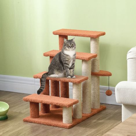 Haustiertreppe, Kratzbaum, 4-stufig, für Tiere bis 5 kg, 60x40x64cm, Braun