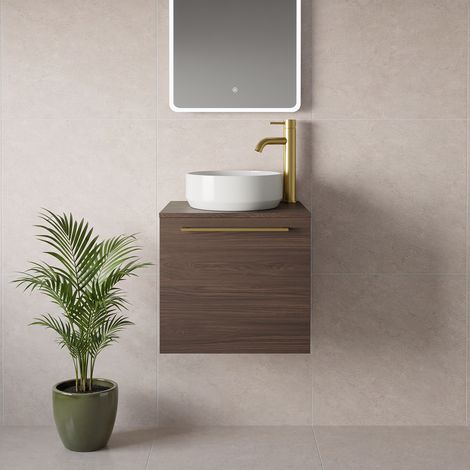 Napoli 390 Brown Oak 500mm Wall Mounted Single Drawer Vanity Unit for Countertop Basins - 500mm - Brushed Brass 320mm Handle