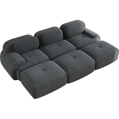 Sofá modular de 3 plazas con 3 pufs en terciopelo acanalado gris MODENUIT (1/5)