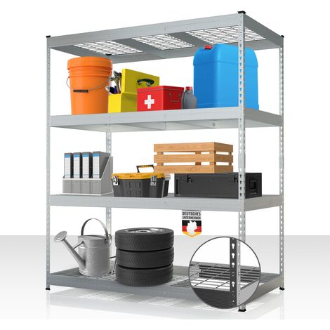 Étagère pour charges lourdes en acier avec tablettes grillagées Galvanisé 160 x 150 x 80 cm, 4 étages, Charge maximale : 1400kg