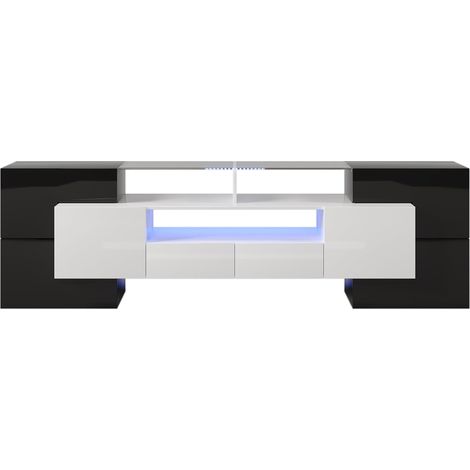 Stilvoller TV-Schrank, niedriges Panel. Hochglanz-Weiß und Schwarz, 200 cm, LED-Beleuchtung Wohnzimmermöbel. Modernes Design. Elegante Glasoberfläche (1/5)