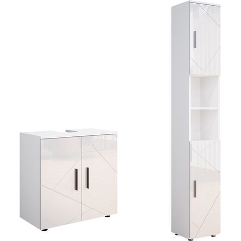 Set di mobili da bagno Irma, Bianco lucido, 2 parti, con colonna, Vicco
