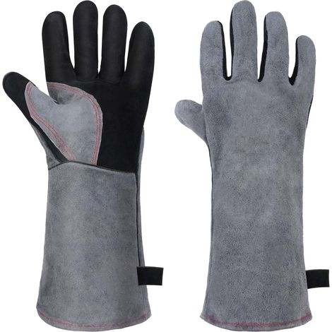 Gants de Barbecue en Cuir, Gants de Four Anti Chaleur, Gants de Soudage Épaississement, Résistant au Feu et à la Chaleur, pour Le Barbecue, Four, Soudure, Cheminée, Jardinage - Gris (1/3)