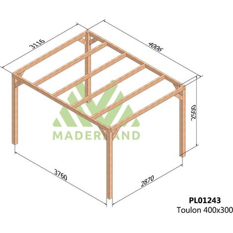 Pergola en bois lamellé-collé Toulon 400 x 300 cm + 4 supports poteaux - Maderland