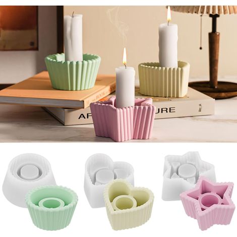 Moule En Silicone Pour Support De Bougie - Forme Coeur Rond Étoile - Pour Coulée Résine Plâtre Béton - 3 Pièces (1/5)