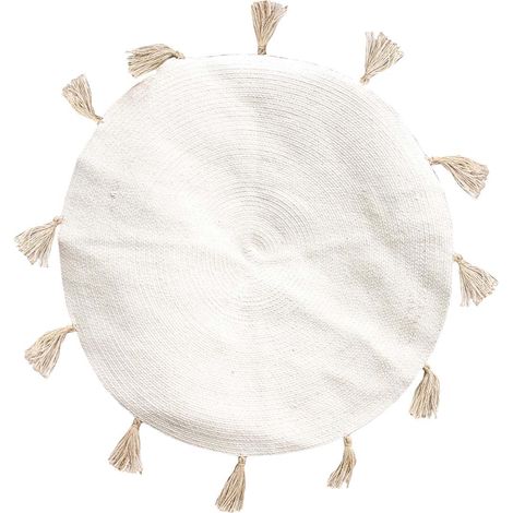 Tapis Rond Ø90cm 100% Blanc avec Pompons Beige (1/3)