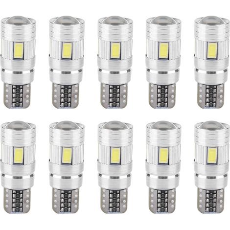 Lot de 10 ampoules LED T10 5630 6SMD W5W Canbus sans erreur pour feux de position, plaque d'immatriculation et éclairage latéral (1/5)