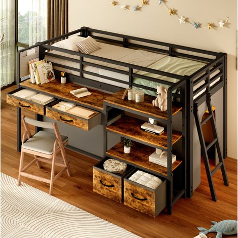 Hochbett 90x200 cm aus Metall und MDF, Schwarz, mit Schreibtisch und Stauraum – MEUBLIV (1/5)