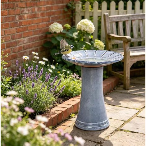 Bain d'oiseaux sur pied en céramique bleu gris brillant, fait main, 43 x 45 cm, résistant au gel et aux intempéries, pour jardin terrasse balcon CHICFURN (1/5)