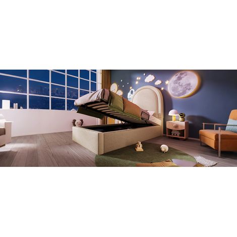 Lit rembourré pour enfant, lit simple à motif cosmique, 90 x 200 cm, beige, PU pour garçons et filles (sans matelas) (1/5)
