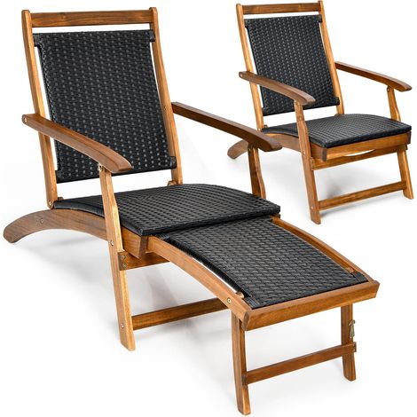 COSTWAY Sedia Sdraio Poltrona Lettino Prendisole Esterno Giardino Poggiapiedi Pieghevole Balcone Ergonomica Campeggio Schienale Seduta Braccioli Rattan Legno (1/5)