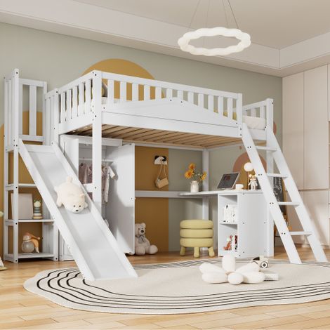 Cama altillo de 90x200 cm, cama infantil con puerta de seguridad, tobogán, escalera, armario, estante de almacenamiento, blanco
