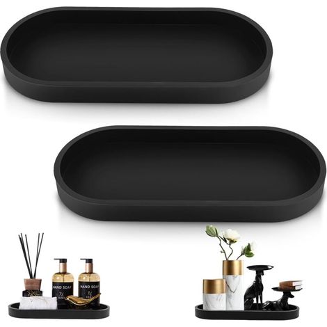 2er Set Badezimmertablett, Dekotablett, Schwarzes Silikon, Vanity Organizer Tablett, Kleines Tablett, für Wohnzimmer, Schlafzimmer, Waschbecken, Badewanne und Küchenspüle (Oval)  FLITI (1/4)