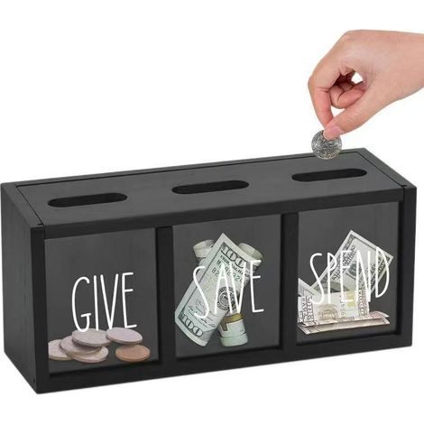 Boîte à monnaie en bois avec 3 compartiments (DONNER / ÉCONOMISER / DÉPENSER) – Magnétique, à suspendre, pour enfants et adultes