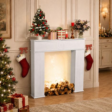 Manteau de cheminée décoratif, habillage cheminée avec rangements cachés 3 portes, 107x18x100 cm, console de salon en bois MDF style chic, Blanc (1/5)