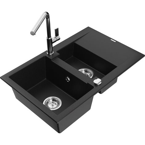 Mexen Gaspar fregadero de granito de 1,5 senos con escurridor y grifo de cocina Flora, negro - 6507-77-670401-00