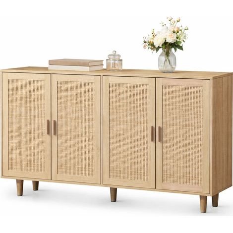 Buffet 4 portes en paille tressée, meuble de rangement 158 cm, avec étagère réglable et pieds en bois pour salon, chambre ou bureau  CHICFURN (1/5)