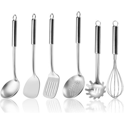 Ensemble d'ustensiles de cuisine en acier inoxydable 6 pièces - Cuillères de cuisine avec poignées suspendables - Spatule, maryse, louche, écumoire, fouet, serveur à pates - Argent - 1 ensemble (1/5)